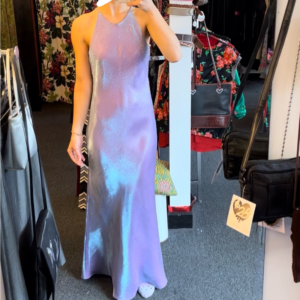 Vintage Hand Beaded Iridescent Lavender Halter Slip Dress XS/S